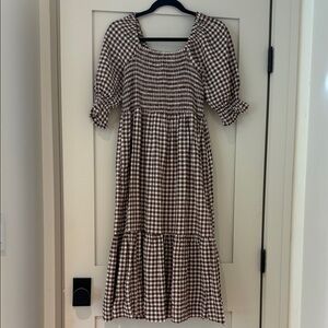 Madewell Lucie Elbow Sleeve, Smocked Midi Dress in Brown Gingham, XS